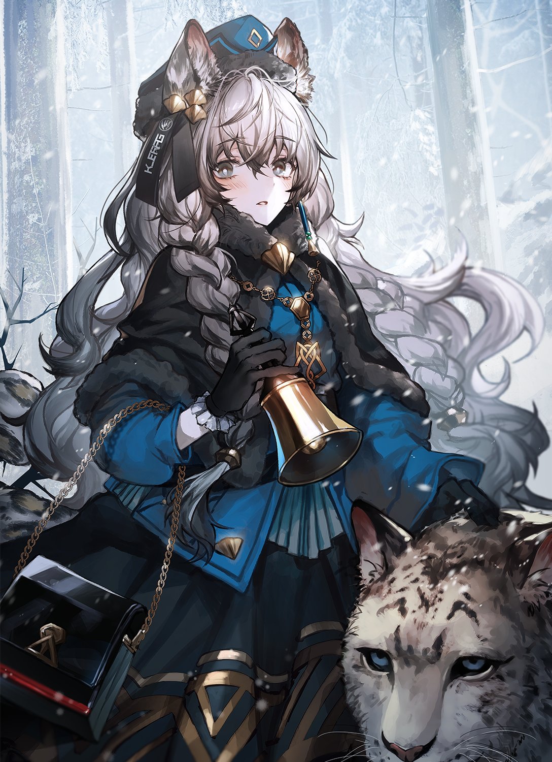 1girl animal_ear_fluff animal_ears arknights bag bare_tree bell black_capelet black_gloves black_hair black_skirt blue_coat blue_headwear blush braid breath capelet coat cold cowboy_shot eyebrows_visible_through_hair eyelashes fur-trimmed_capelet fur_trim gloves grey_eyes hair_between_eyes hair_ribbon handbag hat highres jewelry lentain229 leopard_ears leopard_tail long_hair long_skirt looking_at_viewer multicolored_hair necklace open_mouth outdoors pramanix_(arknights) ribbon side_braids silver_hair single_earring skirt snow snow_leopard snowing solo tail tassel_earrings tree twin_braids two-tone_hair