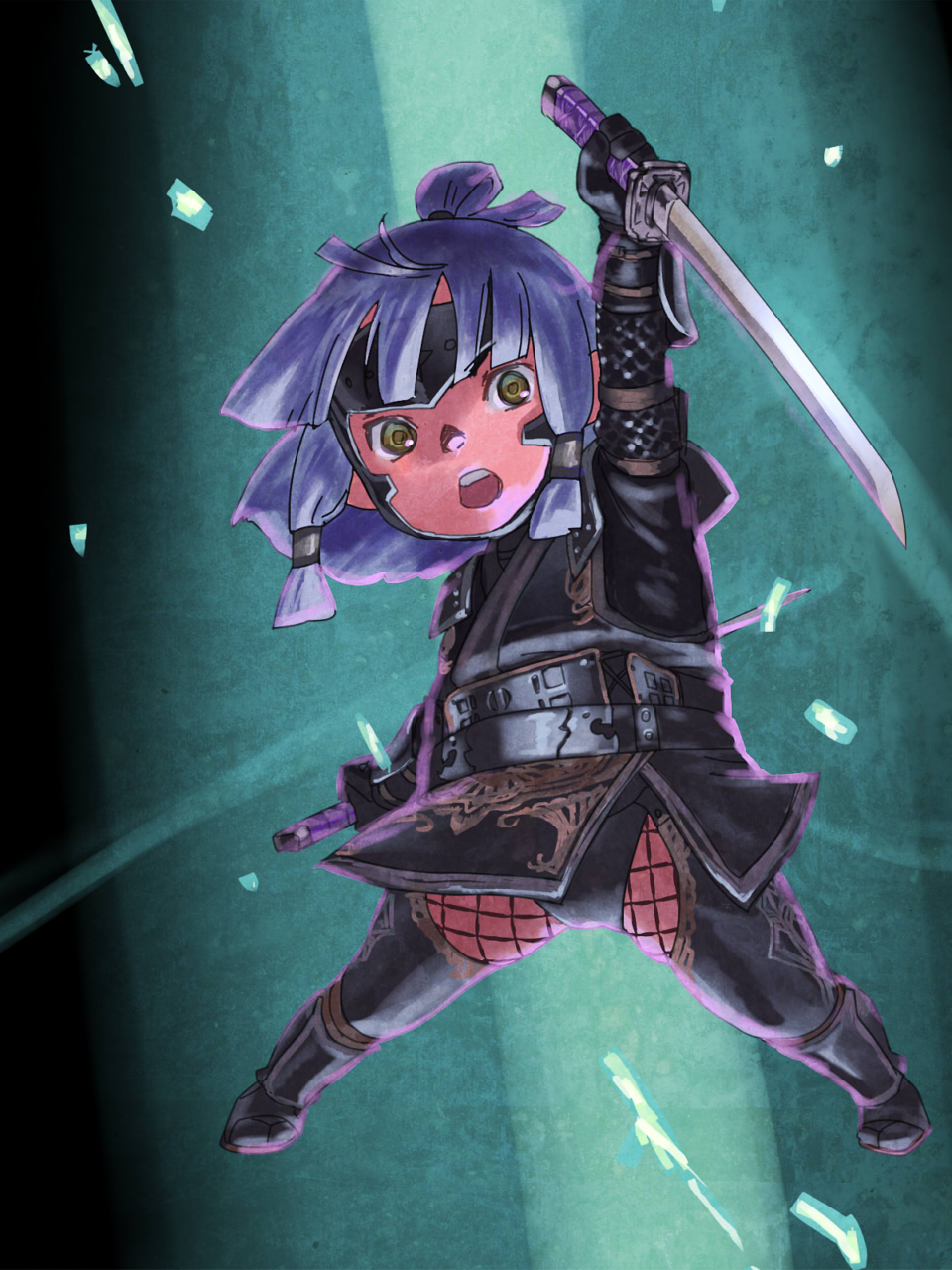 1girl arm_up bangs black_gloves dual_wielding final_fantasy final_fantasy_xi fishnet_legwear fishnets full_body gloves hair_tubes highres holding holding_sword holding_weapon japanese_clothes legs_apart light_blue_hair looking_at_viewer medium_hair ninja ninja_(final_fantasy) open_mouth solo standing sword tarutaru teeth topknot wakizashi weapon yellow_eyes yellow_pupils yuccoshi