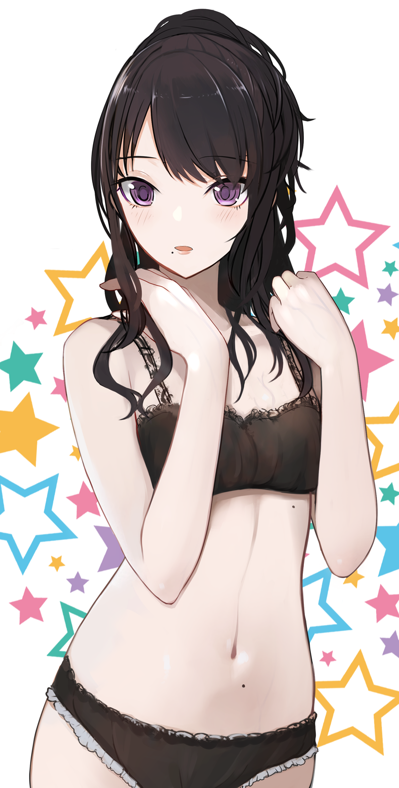 1girl bangs bare_arms bare_shoulders black_bra black_hair black_panties blush bra breasts cowboy_shot eyebrows_visible_through_hair frilled_panties frills hands_on_own_chest hands_up highres idolmaster idolmaster_shiny_colors kazano_hiori lace lace-trimmed_bra lace-trimmed_panties long_hair looking_at_viewer mole mole_under_eye navel open_mouth panties ponytail pupps small_breasts solo star starry_background stomach swept_bangs underwear underwear_only violet_eyes