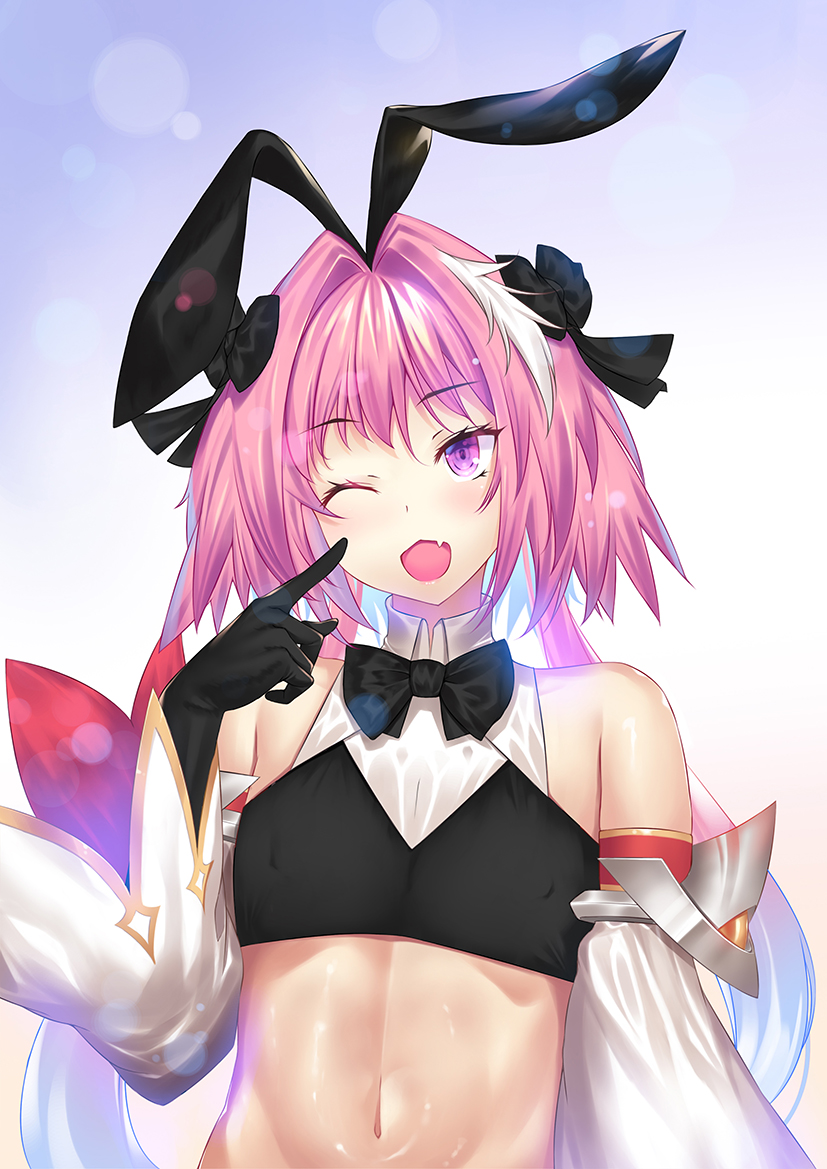 1boy astolfo_(fate) astolfo_(saber)_(fate) bangs black_bow black_gloves black_neckwear black_ribbon blush bow bowtie crop_top detached_sleeves elbow_gloves fang fate/grand_order fate_(series) gloves hair_intakes long_hair low_twintails majin_(kiidoumajin) multicolored_hair navel one_eye_closed open_mouth otoko_no_ko pink_hair ribbon skin_fang smile solo streaked_hair twintails violet_eyes white_hair wide_sleeves wing_collar