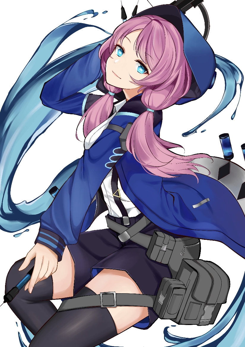 1girl aqua_eyes arknights bag belt belt_pouch black_legwear black_shorts blue_jacket blue_poison_(arknights) bow_(weapon) breasts chinese_commentary closed_mouth collared_shirt cowboy_shot crossbow doc.chen eyebrows_visible_through_hair hood hooded_jacket jacket light_smile long_hair long_sleeves looking_at_viewer medium_breasts needle open_clothes open_jacket pink_hair pouch satchel shirt short_shorts shorts simple_background smile solo suspender_shorts suspenders syringe thigh-highs thighs twintails water weapon white_background white_shirt zettai_ryouiki