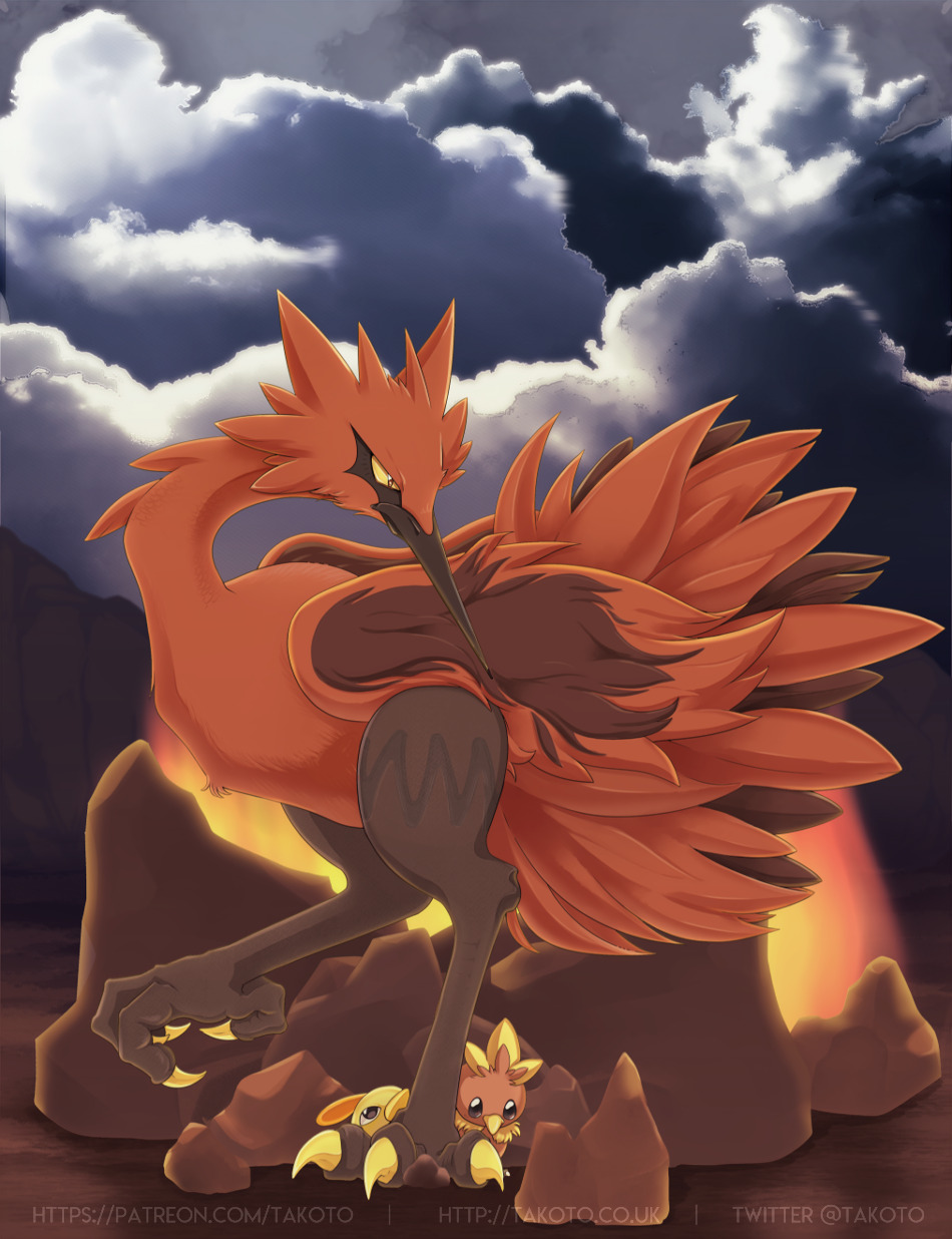bird bird_focus black_cloud black_eyes claws clouds cloudy_sky commentary english_commentary galarian_form galarian_zapdos gen_2_pokemon gen_3_pokemon gen_8_pokemon highres legendary_pokemon looking_at_viewer natu outdoors pokemon rock sky standing standing_on_one_leg takoto torchic watermark web_address
