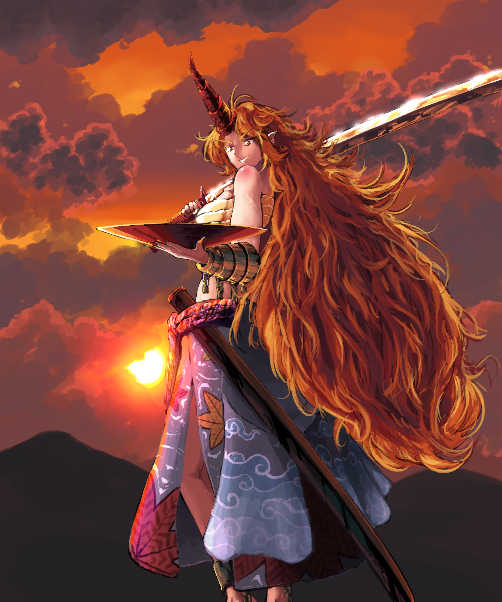 1girl backlighting bangs big_hair blue_skirt breasts broken broken_chain chain cloud_print clouds cloudy_sky cuffs cup fingernails grin highres horn hoshiguma_yuugi huge_weapon large_breasts leaf_print long_fingernails long_hair long_skirt looking_to_the_side mountain no_shirt oni orange_hair orange_sky over_shoulder parted_bangs pointy_ears red_eyes red_nails sakazuki sarashi shackles sharp_fingernails sheath side_slit sidelocks silhouette skirt sky smile solo stomach strong sun sunlight sunset sunyup touhou twilight unsheathed very_long_hair weapon