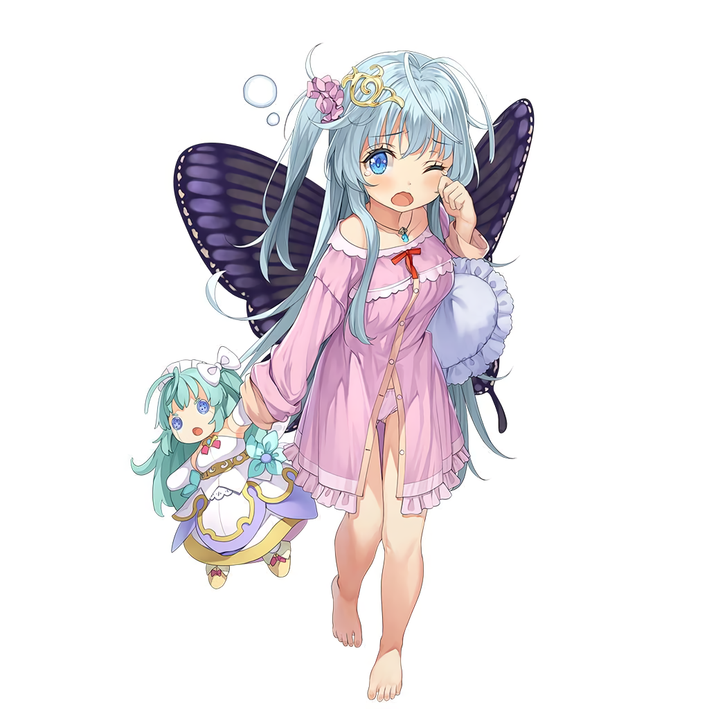 1girl antenna_hair barefoot black_wings blouse blue_eyes brave_sword_x_blaze_soul butterfly_wings doll full_body hair_ornament holding holding_doll holding_pillow jewelry long_hair long_sleeves necklace no_pants one_side_up open_mouth panties pantyshot partially_unbuttoned pillow pink_panties silver_hair simple_background solo tears titania_(brave_sword_x_blaze_soul) underwear white_background wince wings