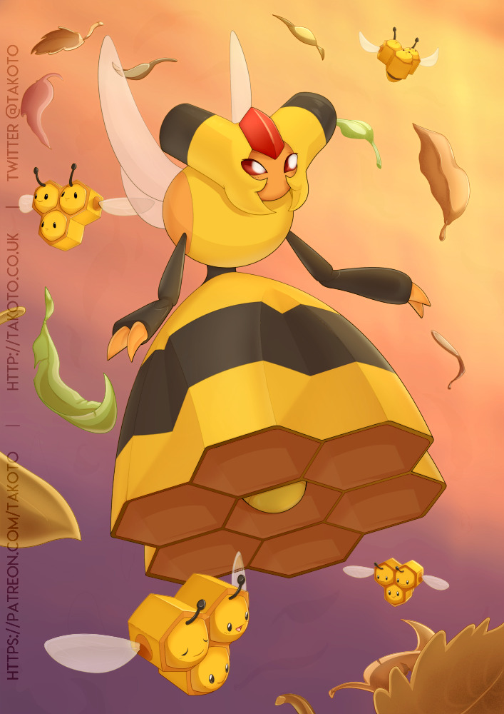 ._. black_eyes closed_eyes combee commentary commission creature english_commentary flying gen_4_pokemon leaf no_humans pokemon pokemon_(creature) red_eyes vespiquen watermark web_address