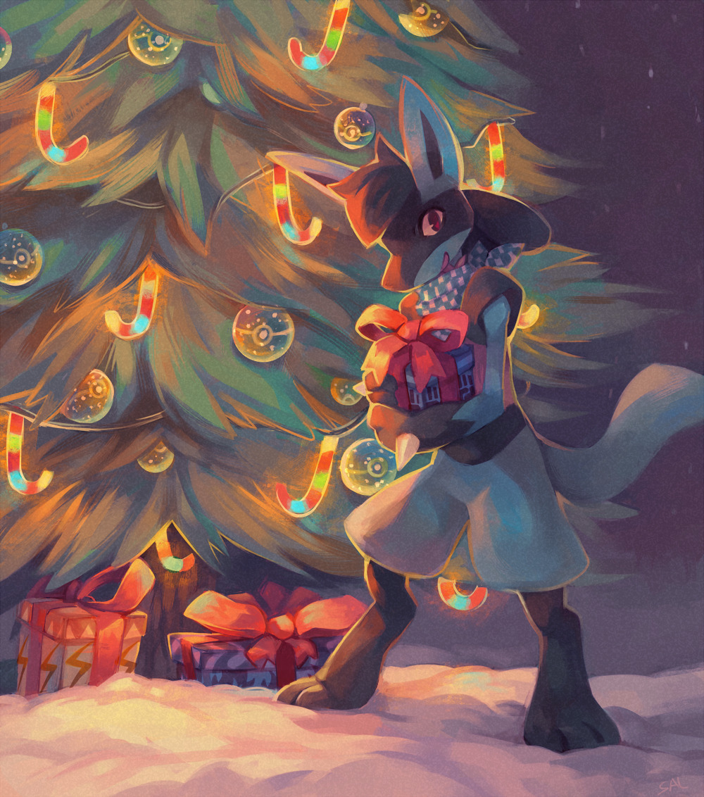 box christmas christmas_ornaments christmas_tree commentary commission creature english_commentary full_body gen_4_pokemon gift holding holding_box holding_gift looking_at_viewer lucario no_humans pokemon pokemon_(creature) salanchu solo standing