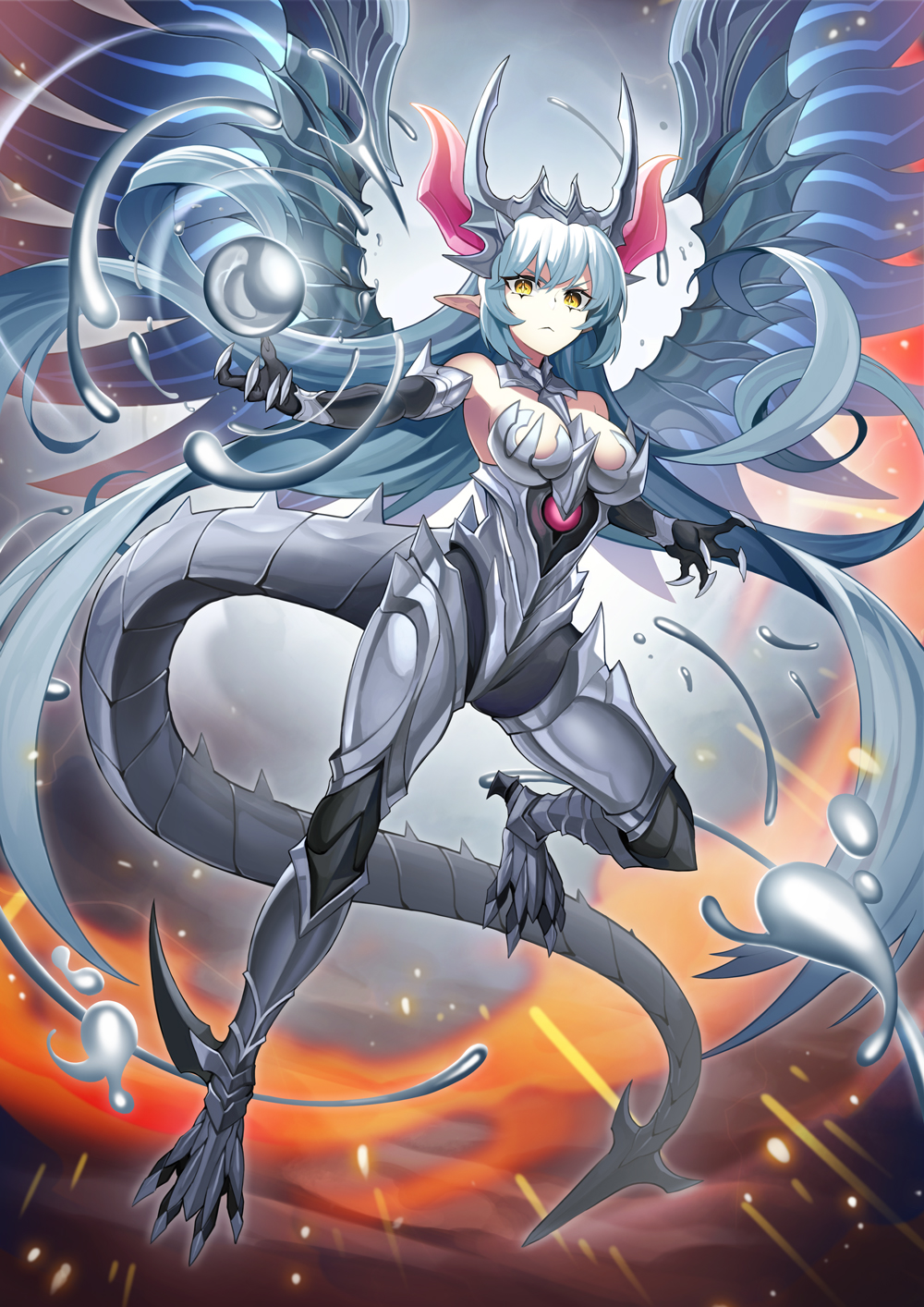 &gt;:( +_+ 1girl absurdly_long_hair armor baniran_dorosu bare_shoulders breasts claws commentary_request dragon_girl dragon_horns dragon_tail dragon_wings elbow_gloves fantasy flying gloves highres horns long_hair looking_at_viewer medium_breasts mercury_(element) original pointy_ears silver solo tail very_long_hair white_hair wings yellow_eyes
