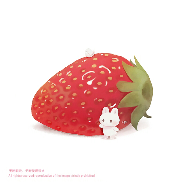 ayu_(mog) bird commentary english_commentary english_text food fruit original rabbit repost_notice signature simple_background strawberry white_background