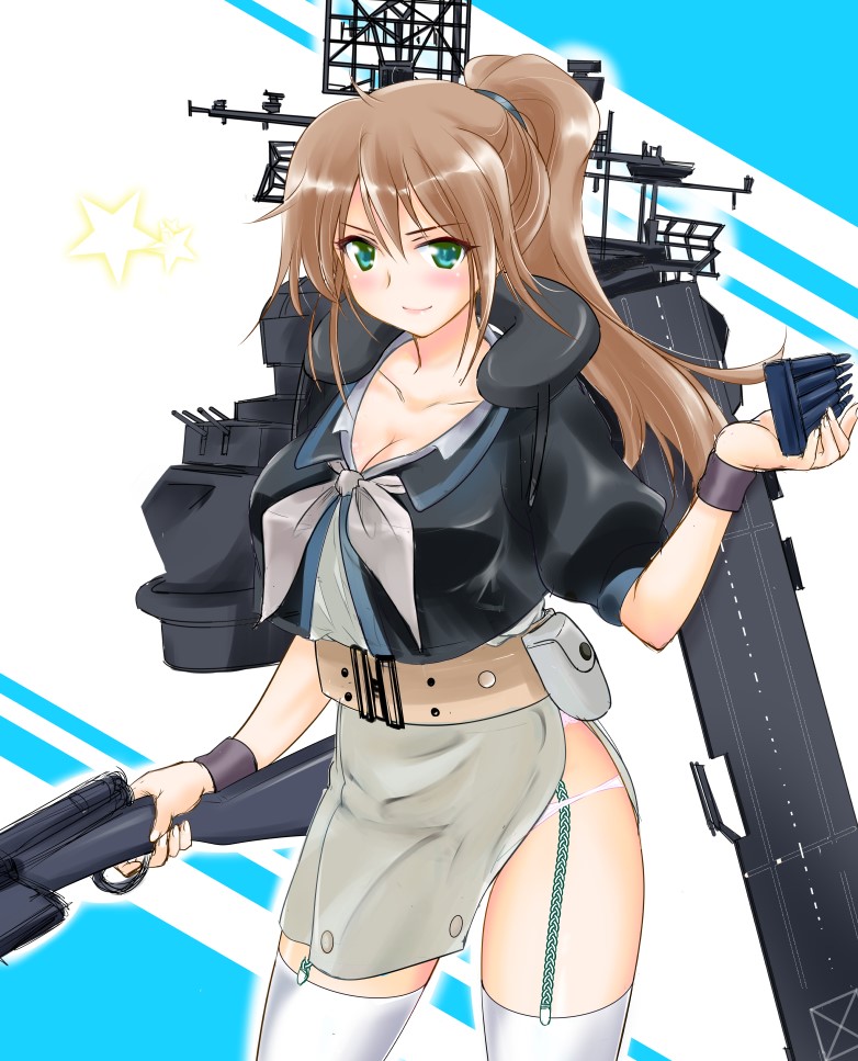 1girl adapted_costume alternate_hair_length alternate_hairstyle black_shirt breasts brown_hair commentary_request cowboy_shot flight_deck garter_straps green_eyes grey_neckwear grey_skirt gun intrepid_(kantai_collection) kantai_collection large_breasts long_hair looking_at_viewer m1903_springfield machinery neck_pillow panties pantyshot ponytail rifle shirt skirt smile solo tachibana_hiroki thigh-highs two-tone_background underwear weapon white_background