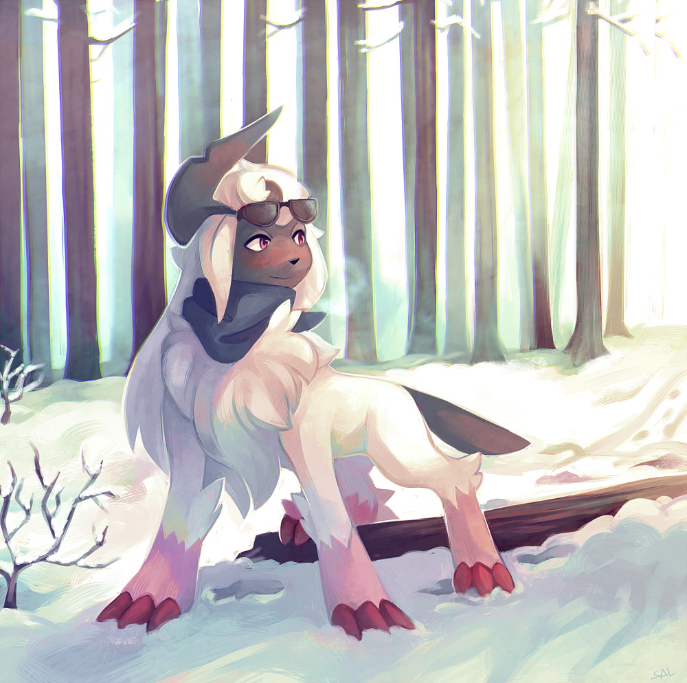 absol bare_tree claws commentary commission creature english_commentary forest full_body gen_3_pokemon nature no_humans outdoors pokemon pokemon_(creature) salanchu snow solo standing sunglasses tree violet_eyes winter