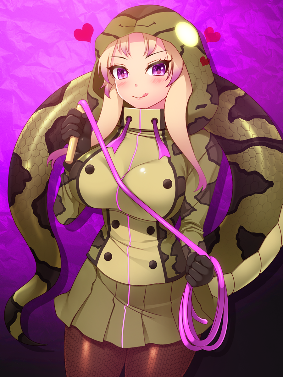 1girl :q african_rock_python_(kemono_friends) animal_print blonde_hair blush breasts brown_legwear closed_mouth collared_jacket cowboy_shot drawstring fishnet_legwear fishnets gradient green_skirt hand_up heart high_collar highres holding holding_whip hood hood_up hooded_jacket impossible_clothes impossible_jacket jacket kemono_friends licking_lips long_hair long_sleeves looking_at_viewer miniskirt multicolored_hair pantyhose print_jacket purple_hair skirt smile snake_print snake_tail solo tail tongue tongue_out totokichi two-tone_hair violet_eyes whip zipper