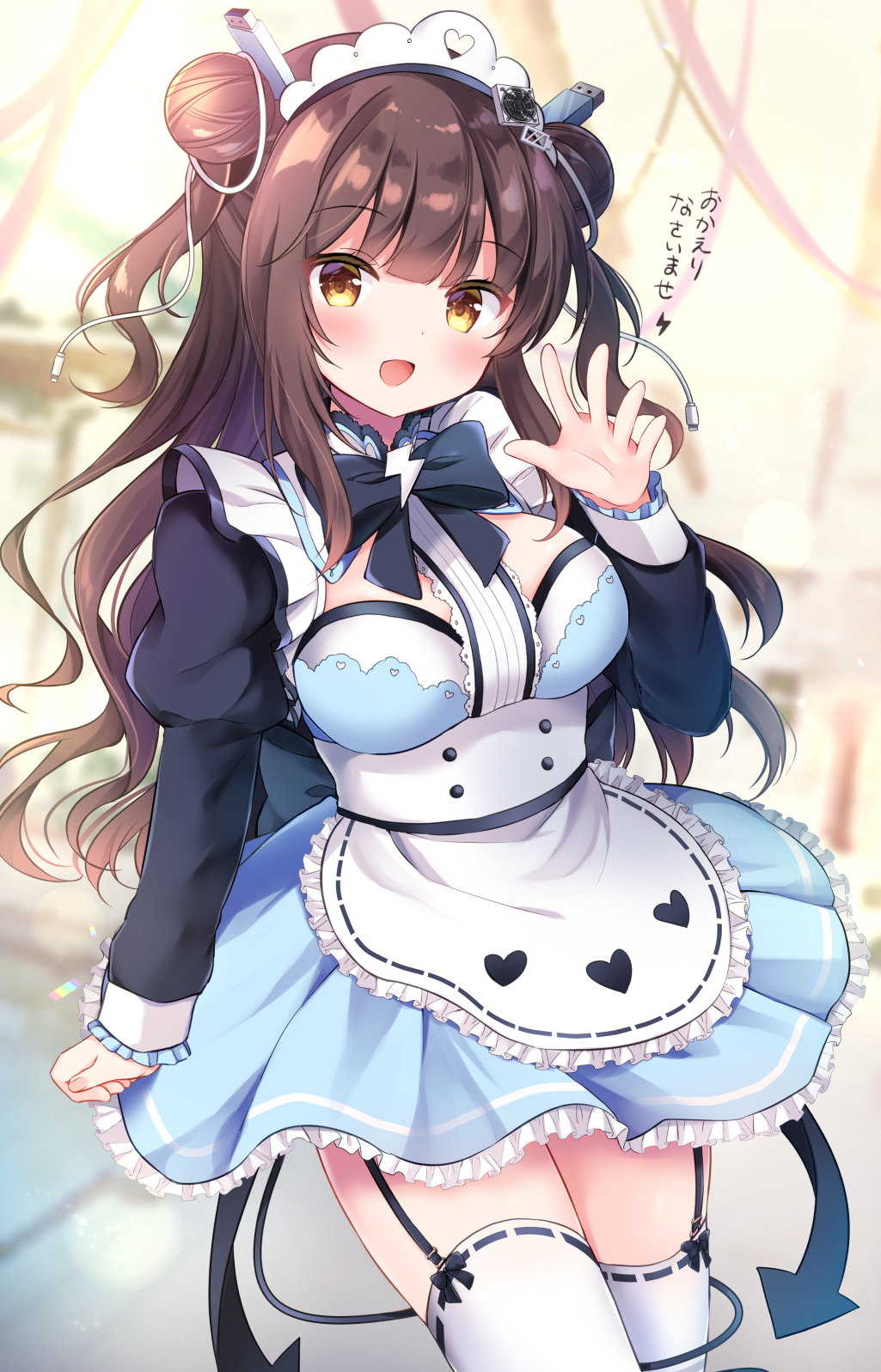 1girl :d apron black_bow blue_dress blurry blurry_background blush bow breasts brown_eyes brown_hair commentary_request depth_of_field directional_arrow double_bun dress frilled_apron frills hair_ornament hand_up heart highres juliet_sleeves lightning_bolt long_hair long_sleeves looking_at_viewer maid masayo_(gin_no_ame) medium_breasts open_mouth original puffy_sleeves ribbon-trimmed_legwear ribbon_trim sleeves_past_wrists smile solo standing thigh-highs translation_request two_side_up usb very_long_hair waist_apron white_apron white_legwear