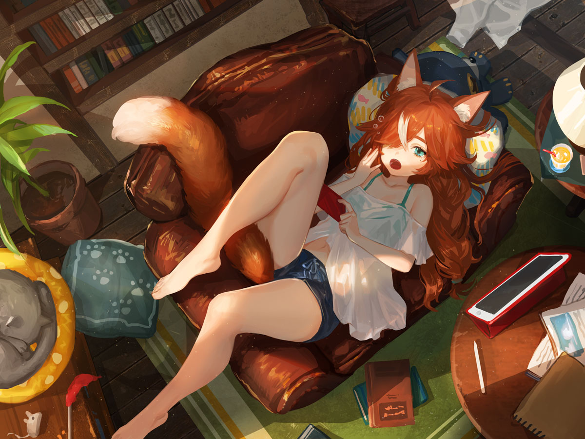 1girl animal_ear_fluff animal_ears book book_stack bookshelf cat cat_teaser chair cushion drink drinking_straw fox_ears fox_tail green_eyes multicolored_hair nima_(niru54) original pillow plant redhead shirt short_shorts shorts sunlight t-shirt tail two-tone_hair white_hair yawning