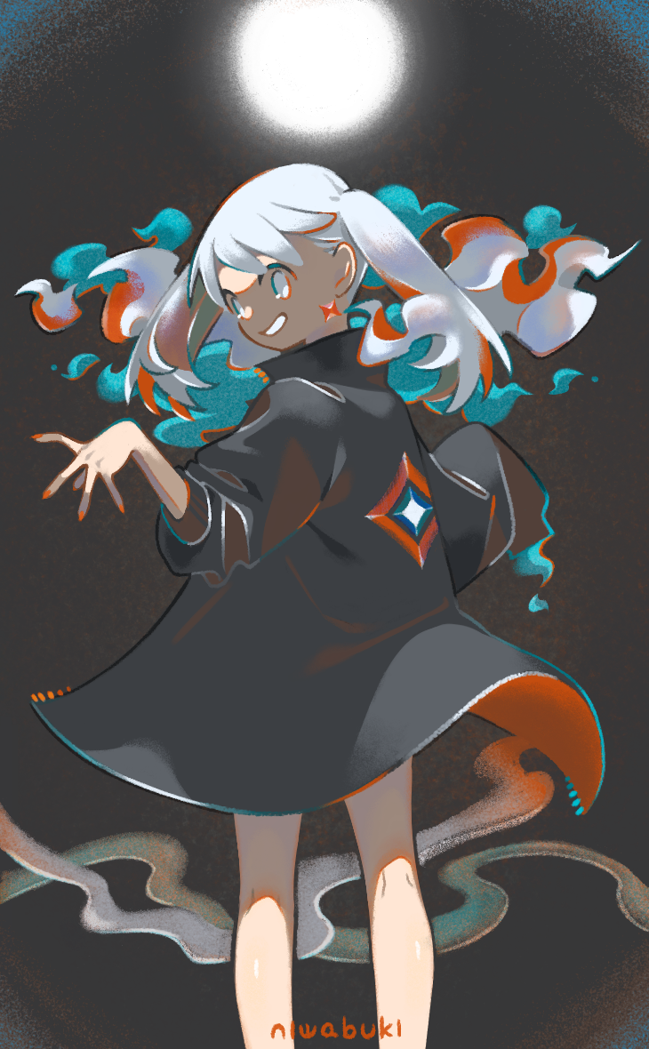 1girl black_background earrings feet_out_of_frame from_behind grey_eyes jewelry long_hair long_sleeves looking_at_viewer looking_back niwabuki orange_nails original smile solo white_hair