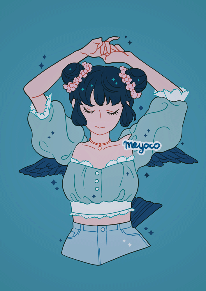 1girl aqua_background arms_up artist_name bangs black_hair choker closed_eyes cropped_legs double_bun flower hands_together meyoco midriff original pink_flower puffy_sleeves short_sleeves simple_background smile solo sparkle wings