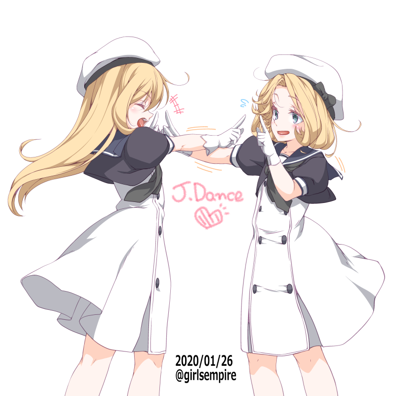 2girls bangs blonde_hair blue_eyes blue_sailor_collar closed_eyes dated dress el_(canon_jihad) feet_out_of_frame gloves hat index_finger_raised janus_(kantai_collection) jervis_(kantai_collection) kantai_collection koi_dance long_hair multiple_girls open_mouth parted_bangs sailor_collar sailor_dress sailor_hat short_hair short_sleeves simple_background standing white_background white_dress white_gloves white_headwear