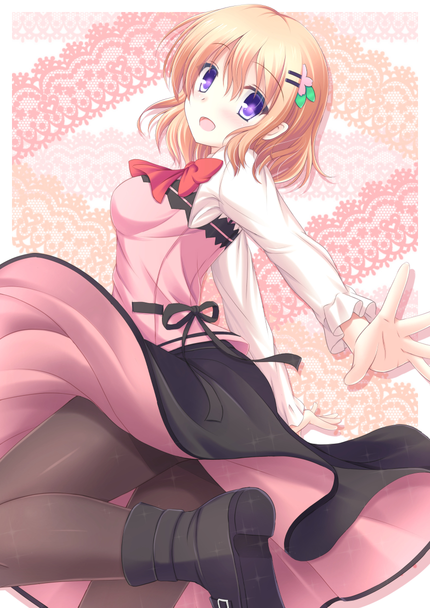 1girl bangs black_skirt blonde_hair blush boots bow bowtie commentary_request eyebrows_visible_through_hair gochuumon_wa_usagi_desu_ka? hair_between_eyes hair_ornament hairclip highres hoto_cocoa leg_up long_skirt long_sleeves looking_at_viewer looking_to_the_side medium_hair open_mouth outstretched_arms pantyhose pink_shirt pink_skirt red_neckwear shimotsuki_keisuke shirt skirt solo two-tone_skirt violet_eyes white_shirt