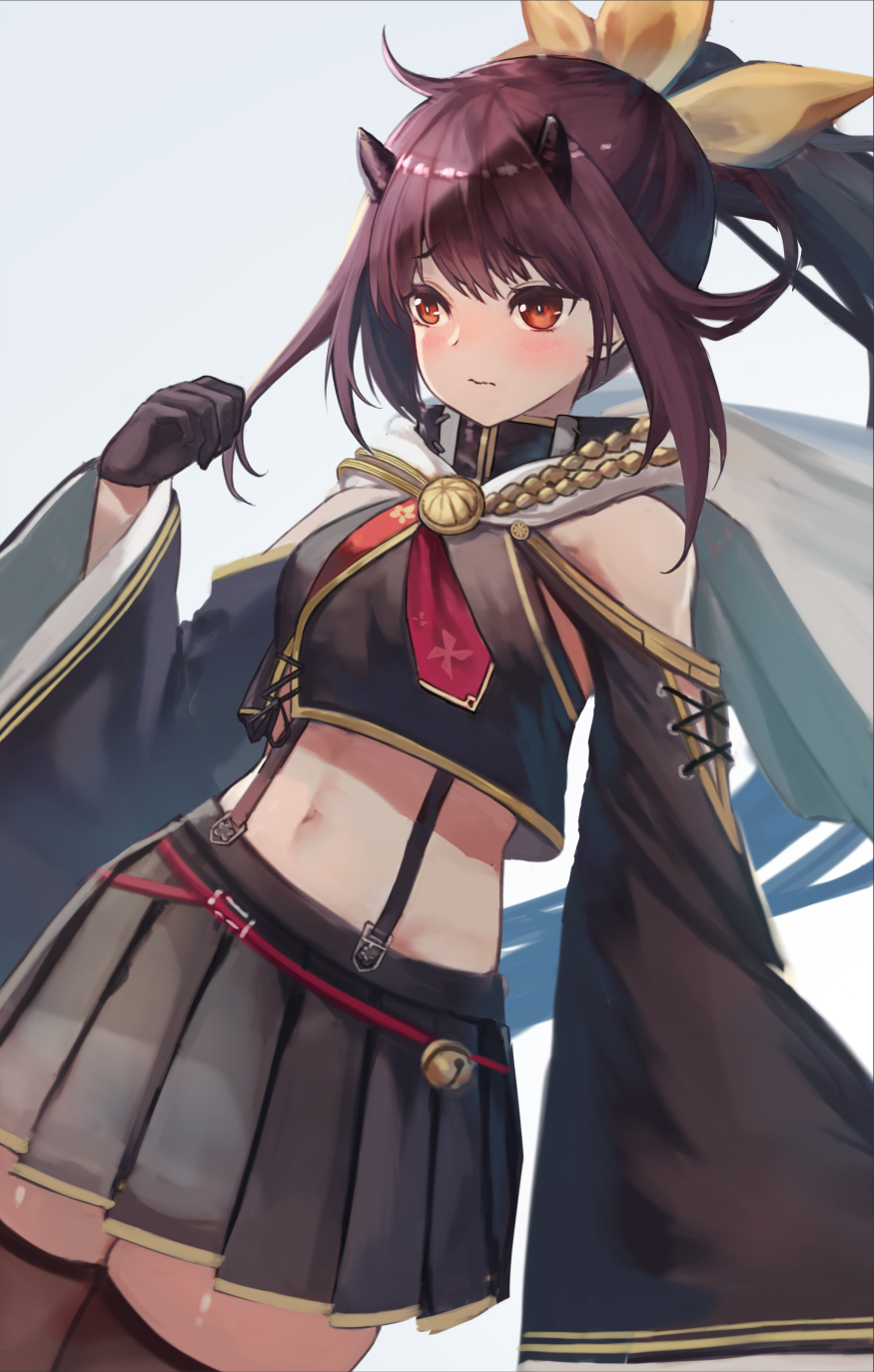 1girl aiguillette azur_lane bare_shoulders black_gloves black_shirt black_skirt brown_legwear collar cowboy_shot crop_top crop_top_overhang gloves gold_trim hair_ribbon hand_up highres holding holding_hair horns isuzu_(azur_lane) long_hair long_sleeves midriff miniskirt navel pleated_skirt ponytail purple_hair red_eyes retrofit_(azur_lane) ribbon sailor_collar school_uniform shirt simple_background skirt solo stomach suspenders thigh-highs white_background wide_sleeves yu_ni_t zettai_ryouiki