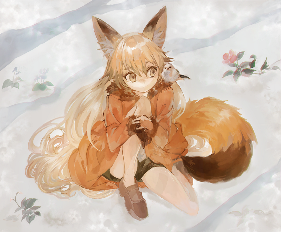 1girl animal_ears bird blonde_hair coat commentary_request ezo_red_fox_(kemono_friends) flower fur_coat fur_collar gloves kemono_friends konabetate looking_at_another mary_janes multicolored_hair on_shoulder shoes tail tit_(bird) two-tone_hair yellow_eyes