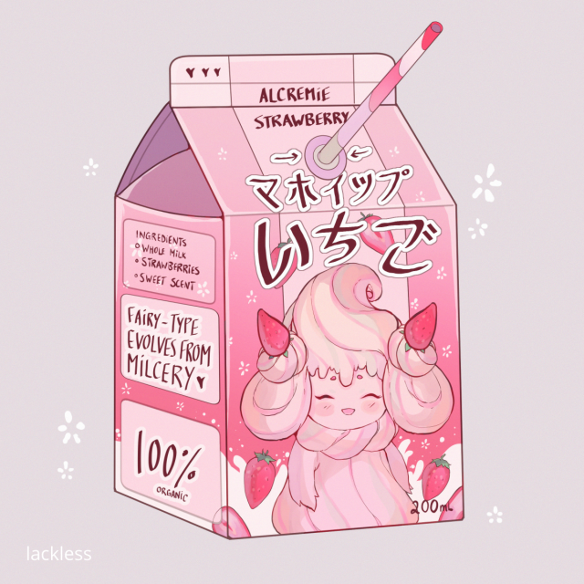 :d ^_^ alcremie blush closed_eyes commentary directional_arrow drinking_straw english_commentary english_text facing_viewer gen_8_pokemon milk_carton open_mouth pink_background pink_theme pokemon rose_(jaakotodile) signature simple_background smile strawberry_milk