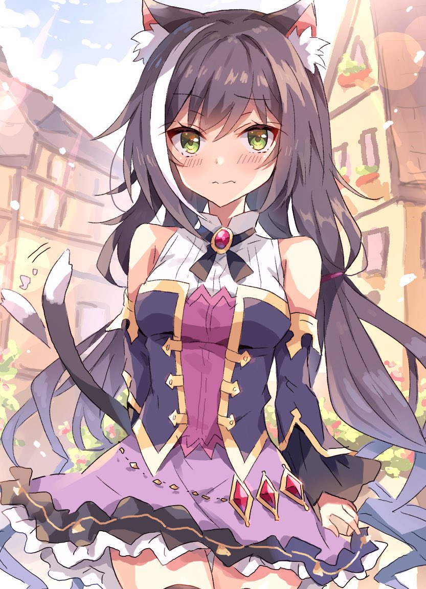 1girl animal_ear_fluff animal_ears black_hair blush brooch building cat_ears cat_girl clouds cowboy_shot detached_sleeves dress eyebrows_visible_through_hair frilled_skirt frills green_eyes jewelry kyaru_(princess_connect) long_hair multicolored_hair petals pontolfo princess_connect! princess_connect!_re:dive skirt sleeveless sleeveless_dress sun_flare tail_wagging translation_request two-tone_hair