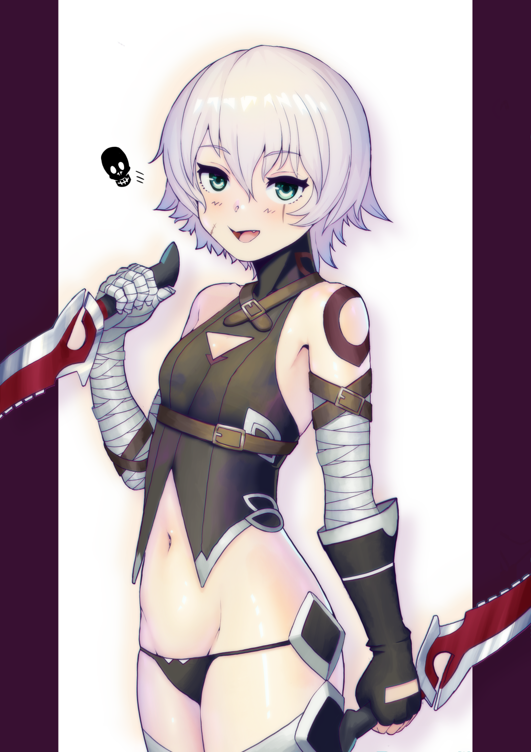 1girl arm_belt bandaged_arm bandages bangs bare_shoulders black_gloves black_legwear black_panties black_vest blush breasts dagger elbow_gloves facial_scar fate/apocrypha fate/grand_order fate_(series) gloves green_eyes grey_hair hair_between_eyes highres hitomaruniigo holding holding_dagger holding_weapon jack_the_ripper_(fate/apocrypha) looking_at_viewer lowleg lowleg_panties navel panties scar scar_across_eye scar_on_cheek short_hair shoulder_tattoo single_glove solo tattoo thigh-highs underwear vest weapon white_hair