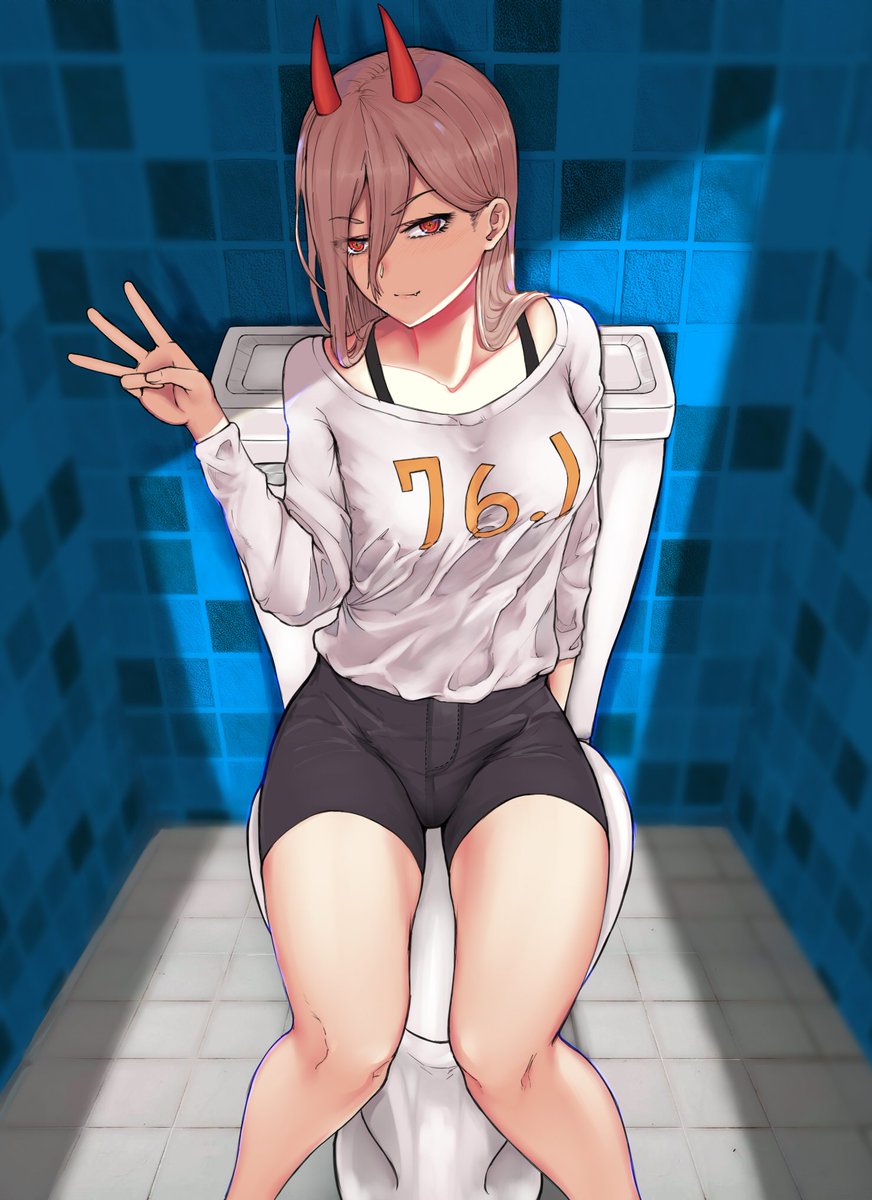 1girl arm_up black_shorts chainsaw_man demon demon_girl demon_horns highres horns image_sample long_hair long_sleeves pink_hair power_(chainsaw_man) red_eyes red_horns shirt shorts sitting smile solo toilet twitter_sample w white_shirt xiver9