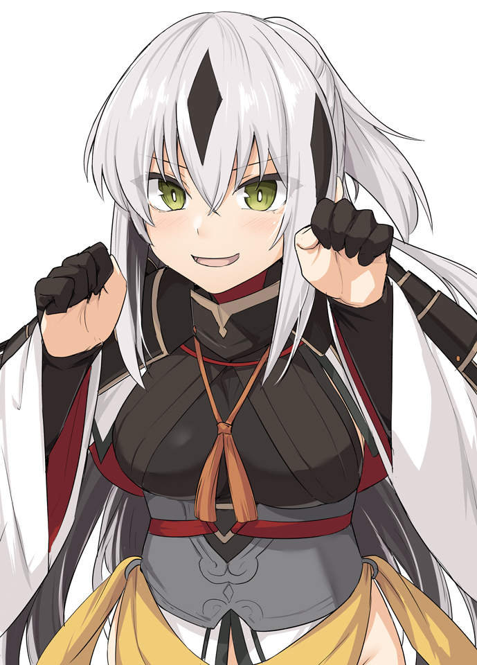 1girl bangs black_gloves black_hair blush breasts brown_eyes eyebrows_visible_through_hair fate/grand_order fate_(series) gloves grey_hair hair_between_eyes japanese_clothes kimono large_breasts long_hair looking_at_viewer multicolored_hair nagao_kagetora_(fate) open_mouth ponytail shiseki_hirame simple_background smile solo streaked_hair two-tone_hair white_background white_kimono