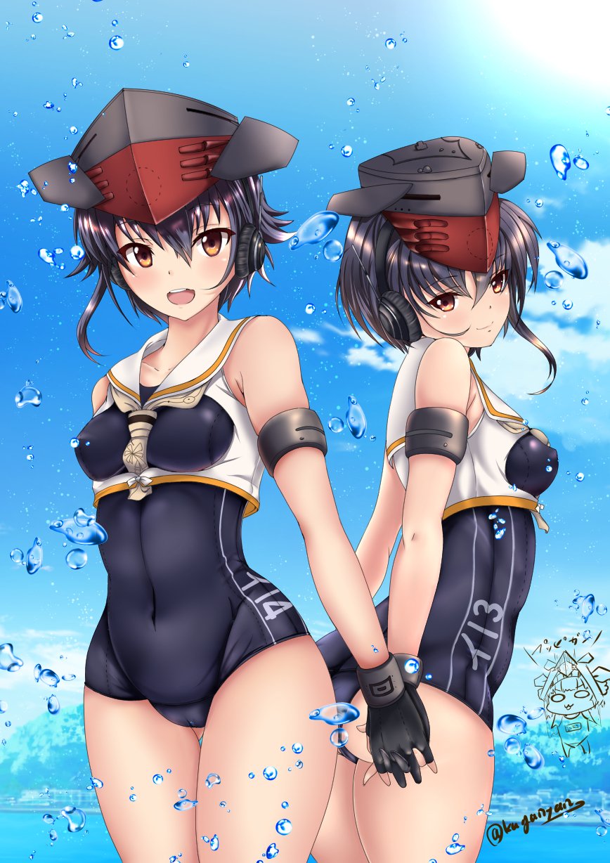 2girls :d ass ass_visible_through_thighs asymmetrical_hair black_hair blush breasts brown_eyes commentary_request covered_navel day framed_breasts gloves hair_between_eyes hat headphones highres i-13_(kantai_collection) i-14_(kantai_collection) interlocked_fingers kantai_collection kuga_zankurou looking_at_viewer multiple_girls open_mouth outdoors partly_fingerless_gloves sailor_collar school_swimsuit short_hair small_breasts smile swimsuit water