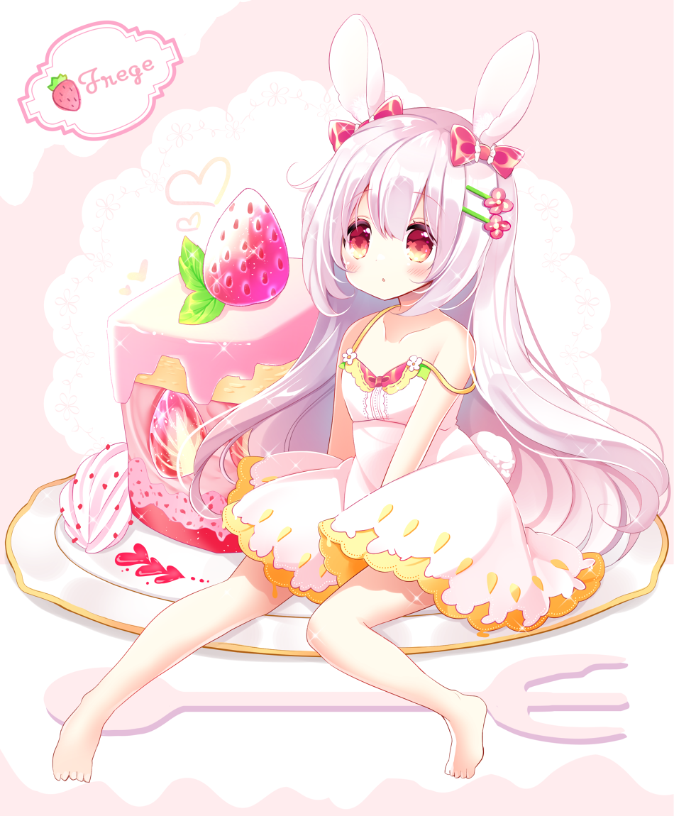 1girl :o animal_ear_fluff animal_ears bangs bare_arms bare_shoulders barefoot blush bow bunny_girl bunny_tail cake collarbone commentary_request dress eyebrows_visible_through_hair flower food fork fruit full_body hair_between_eyes hair_bow hair_flower hair_ornament hairclip heart long_hair looking_at_viewer minigirl original parted_lips pink_background rabbit_ears red_bow red_eyes red_flower saucer shikito silver_hair sitting sleeveless sleeveless_dress slice_of_cake solo strap_slip strawberry tail translation_request two-tone_background very_long_hair white_background white_dress