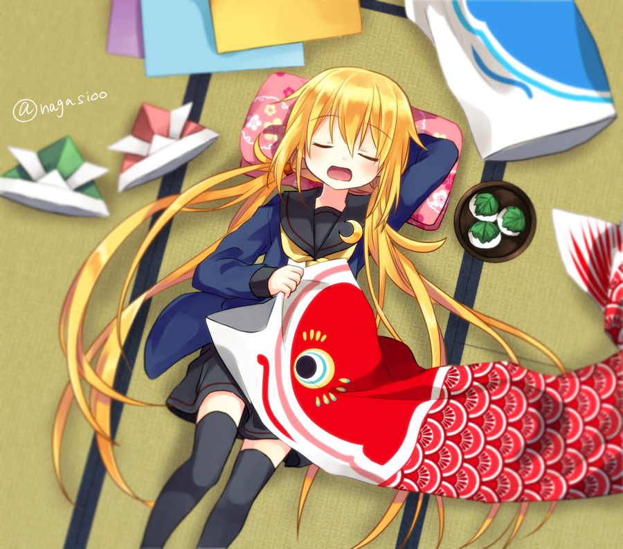 1girl artist_name black_jacket black_legwear black_sailor_collar black_skirt blonde_hair blush closed_eyes commentary_request crescent crescent_moon_pin dango eyebrows_visible_through_hair flower_(symbol) food hair_between_eyes holding jacket kantai_collection koinobori leaf long_hair low_twintails lying nagasioo on_ground open_mouth pillow pleated_skirt remodel_(kantai_collection) sailor_collar satsuki_(kantai_collection) school_uniform serafuku skirt solo thigh-highs twintails twitter_username wagashi yellow_neckwear zettai_ryouiki