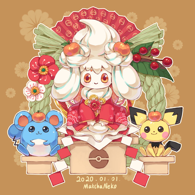 3others alcremie alcremie_(mint_cream) alcremie_(other_sweet) animal baby_pokemon black_eyes brown_background closed_mouth clothed_pokemon commentary cream creature creatures_(company) dated floral_background flower food fruit full_body game_freak gen_2_pokemon gen_8_pokemon happy_new_year japanese_clothes looking_at_viewer mammal marill matchaneko mouse new_year nintendo no_humans olm_digital orange orange_eyes pichu pokemon pokemon_(creature) signature simple_background smile symbol_commentary year_of_the_mouse year_of_the_rat