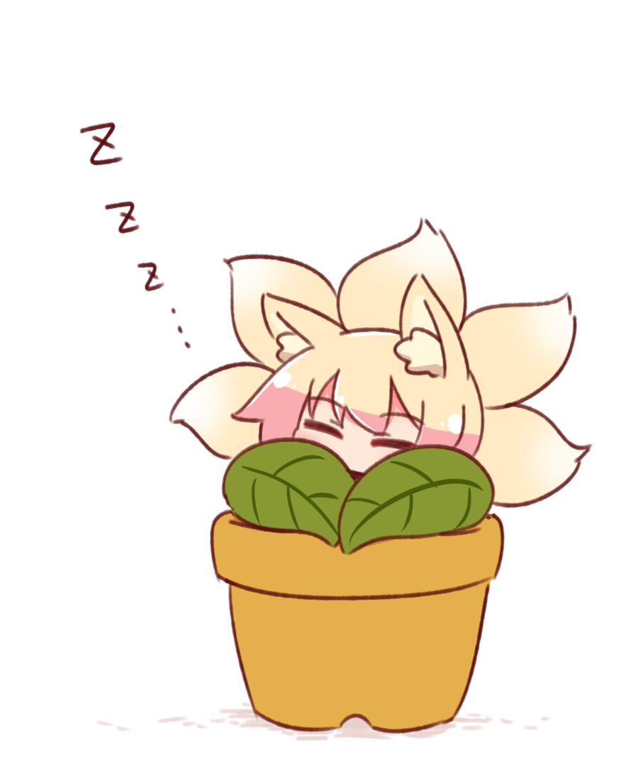 1girl animal_ear_fluff animal_ears bangs blonde_hair closed_eyes eyebrows_visible_through_hair flower flower_pot fox_ears fox_tail kemomimi-chan_(naga_u) naga_u original plant potted_plant shadow sleeping solo tail white_background yellow_flower zzz