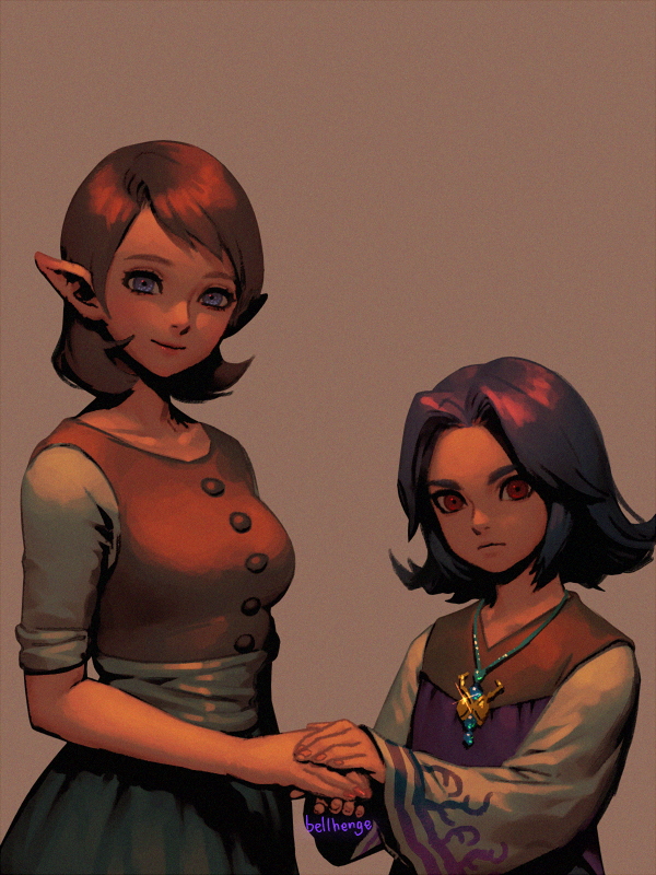 1boy 1girl age_difference anju bellhenge blue_eyes blue_skirt brown_background brown_hair brown_vest buttons eyeliner film_grain fingernails flipped_hair frown height_difference holding_hands jewelry kafei long_sleeves looking_at_viewer makeup necklace pendant pointy_ears purple_hair red_eyes shirt side-by-side signature simple_background skirt sleeves_rolled_up smile standing the_legend_of_zelda the_legend_of_zelda:_majora's_mask vest white_shirt wide_sleeves