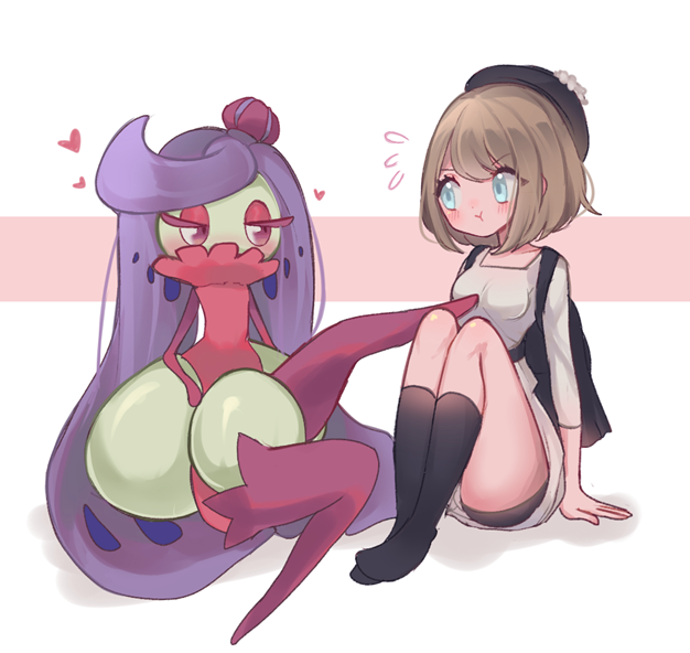 2girls alternate_color black_legwear blue_eyes breasts claire_(clarevoir) clarevoir commentary creature english_commentary eye_contact full_body gen_7_pokemon heart looking_at_another multiple_girls no_shoes pokemon pokemon_(creature) pokemon_(game) pokemon_swsh shiny_pokemon sitting small_breasts socks tsareena violet_eyes yuuri_(pokemon)