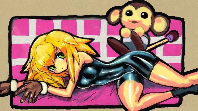 1girl animal blonde_hair blush bodystocking breasts brown_gloves closed_mouth dakusuta data_(rockman_dash) gloves green_eyes long_hair looking_at_viewer monkey open_mouth rockman rockman_dash roll_caskett skin_tight smile