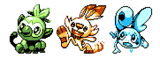 commentary creature english_commentary full_body gen_8_pokemon grookey no_humans pat_attackerman pixel_art pokemon pokemon_(creature) scorbunny simple_background sobble sprite white_background