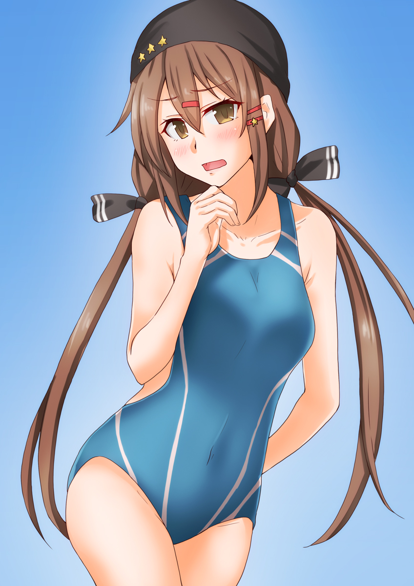 1girl anti_(untea9) arm_behind_back black_bow black_headwear blue_background blue_swimsuit bow breasts brown_eyes brown_hair collarbone competition_swimsuit covered_navel cowboy_shot hair_bow hand_to_own_mouth highres kantai_collection long_hair low_twintails medium_breasts one-piece_swimsuit solo standing star_(symbol) swim_cap swimsuit tashkent_(kantai_collection) twintails