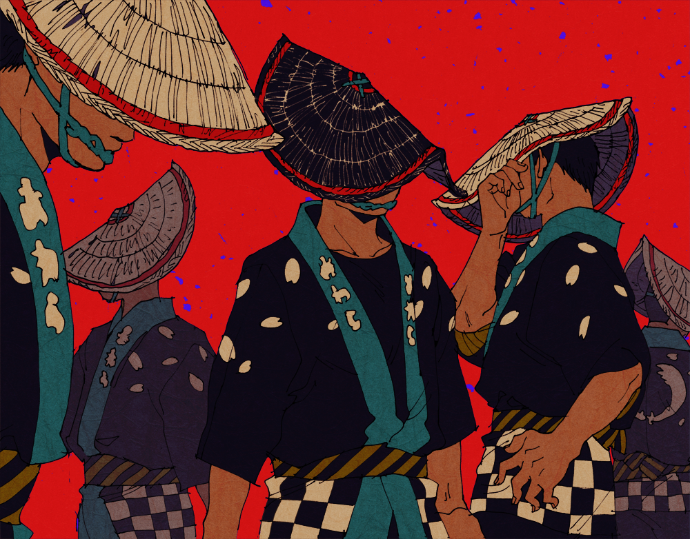 5boys amigasa arms_at_sides black_hair checkered chin_strap closed_mouth clothes_writing covered_face facing_away hand_on_hip hand_over_face hand_up hat japanese_clothes kotake_(tuvaru) male_focus multiple_boys odd_one_out original petals profile red_background sash sleeves_past_elbows straw_hat striped upper_body