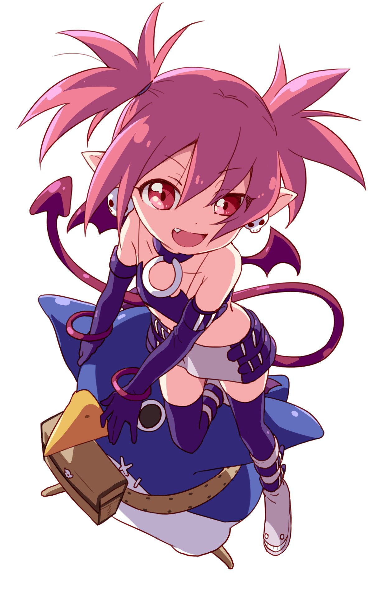 1girl armlet bare_shoulders bat_wings belt belt_boots boots bra choker collar collarbone demon_tail disgaea earrings elbow_gloves etna eyebrows_visible_through_hair fang fanny_pack flat_chest gloves grey_footwear highres jewelry knee_boots leaning_on_person leg_support looking_at_viewer makai_senki_disgaea miniskirt namori o-ring o-ring_choker open_mouth pointy_ears prinny red_eyes red_tail red_wings redhead skirt skull_earrings tail thigh-highs thighhighs_under_boots twintails underwear wings