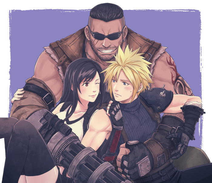 1girl 2boys arm_cannon arm_guards arm_tattoo barret_wallace beard black_hair black_legwear blonde_hair brown_eyes cloud_strife dark_skin dark_skinned_male facial_hair final_fantasy final_fantasy_vii final_fantasy_vii_remake gloves group_hug hug looking_at_another multiple_boys shoulder_armor sleeveless sleeveless_turtleneck spiky_hair suspenders sweatdrop tattoo thigh-highs tifa_lockhart turtleneck weapon yuuri_(yuri83)