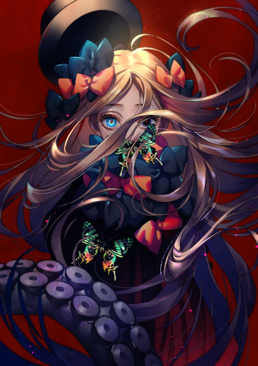 1girl abigail_williams_(fate/grand_order) bangs black_bow black_dress black_headwear blonde_hair blue_eyes bow breasts bug butterfly dress fate/grand_order fate_(series) forehead hair_bow hat highres insect long_hair multiple_bows orange_bow parted_bangs red_background ribbed_dress sleeves_past_fingers sleeves_past_wrists small_breasts solo tenobe tentacles