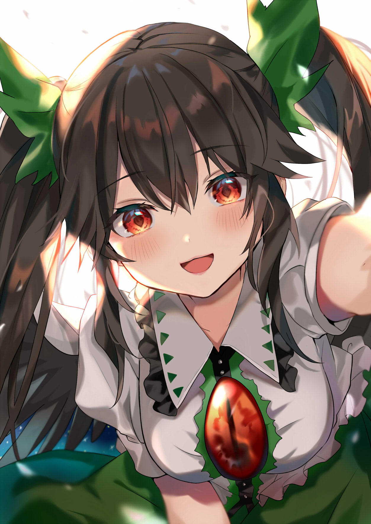 1girl :d alternate_hairstyle bangs black_hair blush breasts commentary_request eyebrows_visible_through_hair green_ribbon green_skirt hair_between_eyes hair_ribbon highres long_hair looking_at_viewer medium_breasts open_mouth puffy_short_sleeves puffy_sleeves red_eyes reiuji_utsuho ribbon satoupote shirt short_sleeves simple_background skirt smile solo touhou twintails upper_body white_background white_shirt