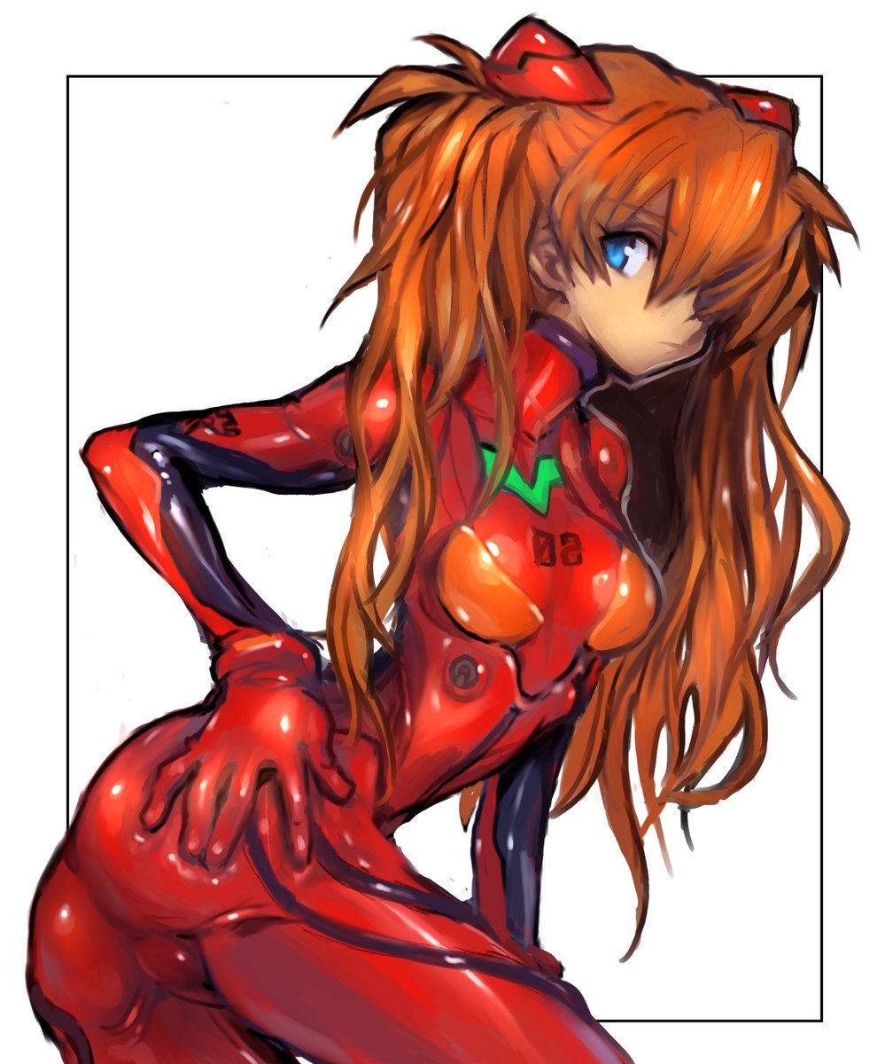 1girl ass blue_eyes bodysuit breasts closed_mouth dakusuta gloves hair_ornament highres long_hair looking_at_viewer neon_genesis_evangelion orange_hair plugsuit red_bodysuit simple_background small_breasts solo souryuu_asuka_langley white_background