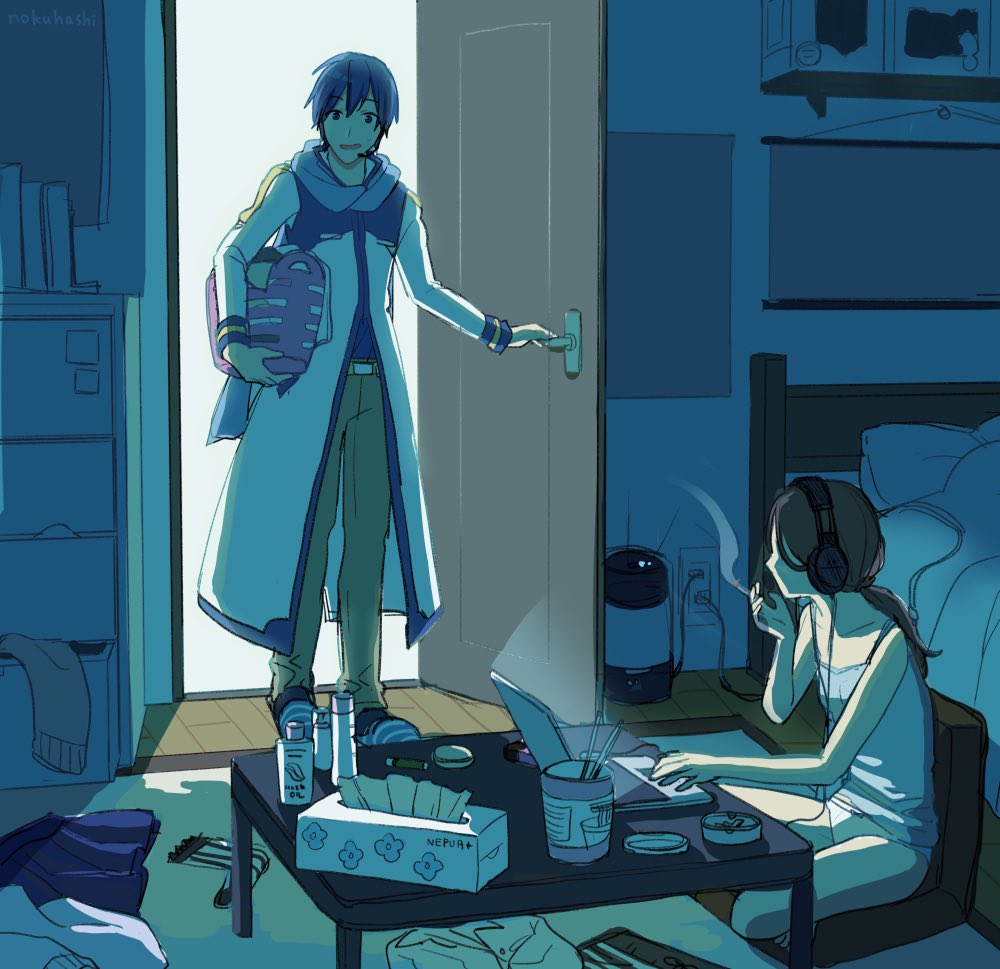 1boy 1girl basket bed bedroom blue_hair blue_scarf cabinet chair cigarette clothes coat commentary computer headset holding holding_basket holding_cigarette indoors kaito laptop master_(vocaloid) nokuhashi opening_door pants pillow ramen scarf sitting smile smoking standing sweat table tank_top tissue_box vocaloid white_coat wooden_floor