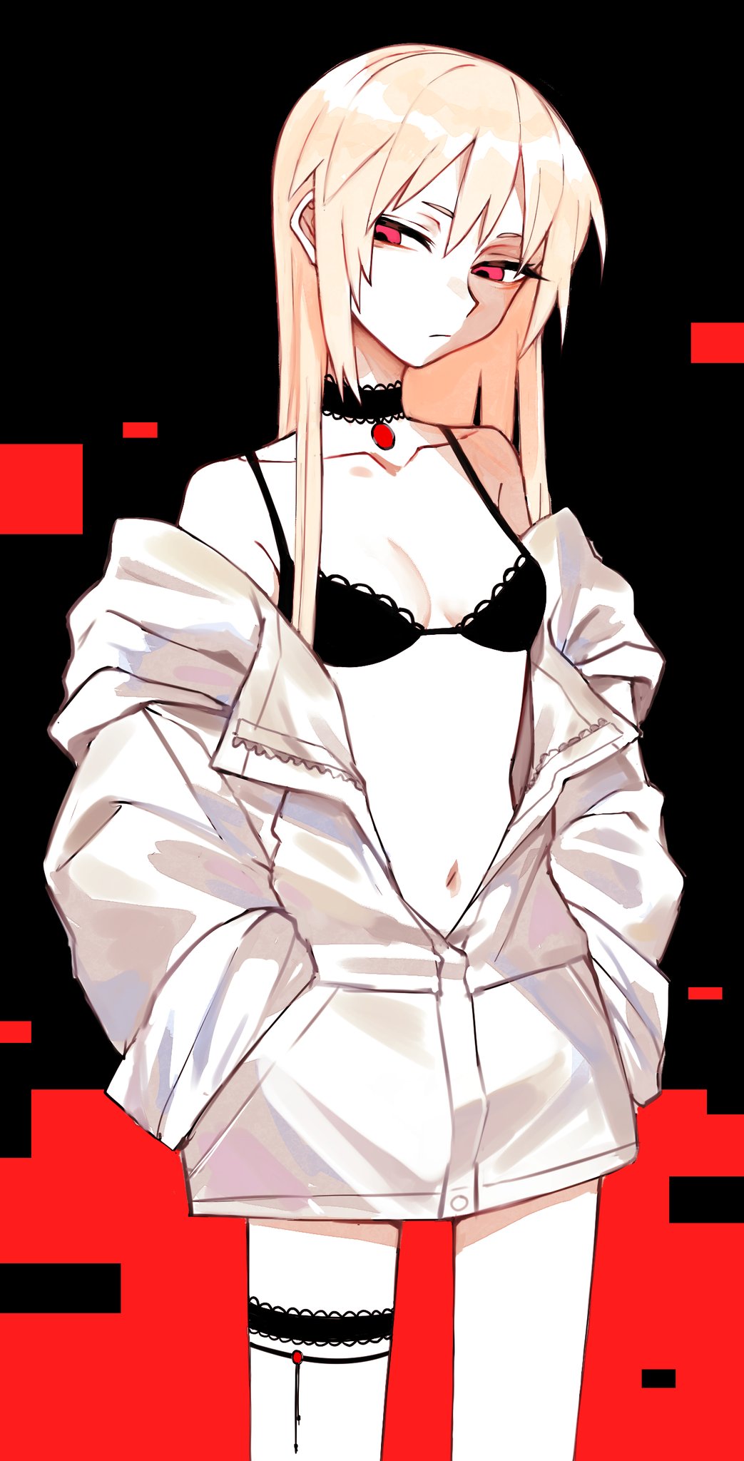 1girl alternate_hairstyle bags_under_eyes black_bra black_choker blonde_hair bra breasts buttoniris choker closed_mouth commentary english_commentary hands_in_pockets highres jacket jewelry long_hair long_sleeves looking_at_viewer navel necklace original red_background red_eyes small_breasts solo standing two_(buttoniris) underwear white_jacket
