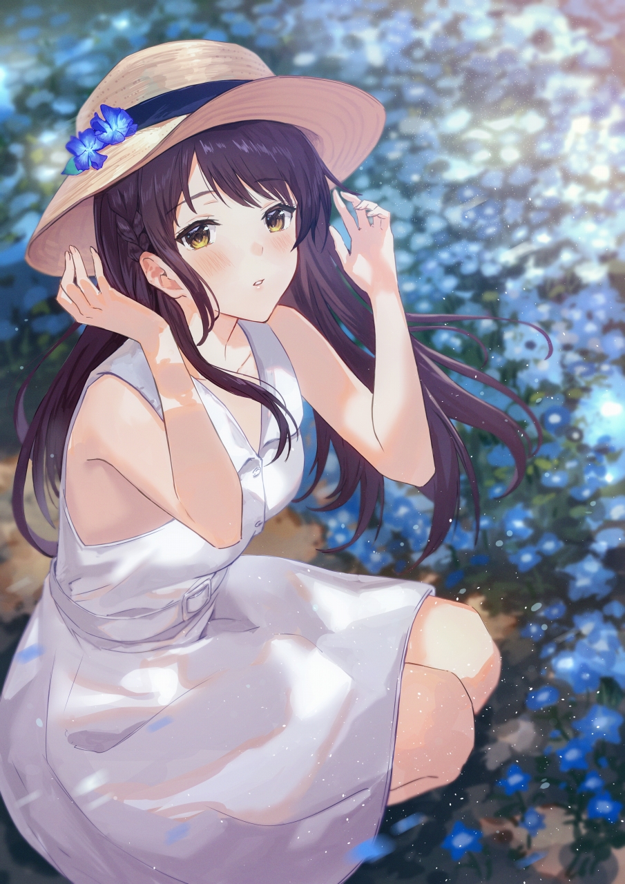 1girl arms_up bangs bare_arms bare_shoulders black_hair blue_flower blush brown_headwear dress eyebrows_visible_through_hair flower from_above haru_(hiyori-kohal) hat hat_flower highres looking_at_viewer looking_up original parted_lips sleeveless sleeveless_dress solo squatting sun_hat sundress swept_bangs white_dress yellow_eyes