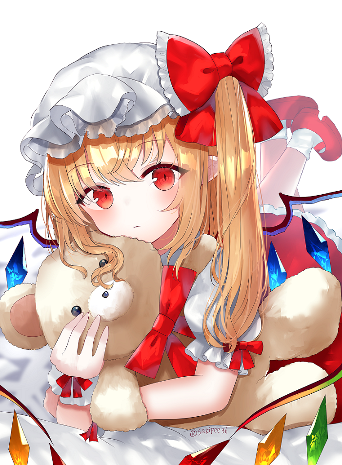 1girl ankle_socks bangs blonde_hair blush commentary expressionless eyebrows_visible_through_hair flandre_scarlet hat hat_ribbon holding holding_stuffed_animal leg_lift looking_at_viewer lying mary_janes mob_cap on_bed on_stomach one_side_up petticoat pointy_ears puffy_short_sleeves puffy_sleeves red_eyes red_footwear red_skirt red_vest ribbon sakipsakip shirt shoes short_sleeves simple_background skirt solo stuffed_animal stuffed_toy teddy_bear touhou twitter_username vest white_background white_headwear white_legwear white_shirt wings wrist_cuffs