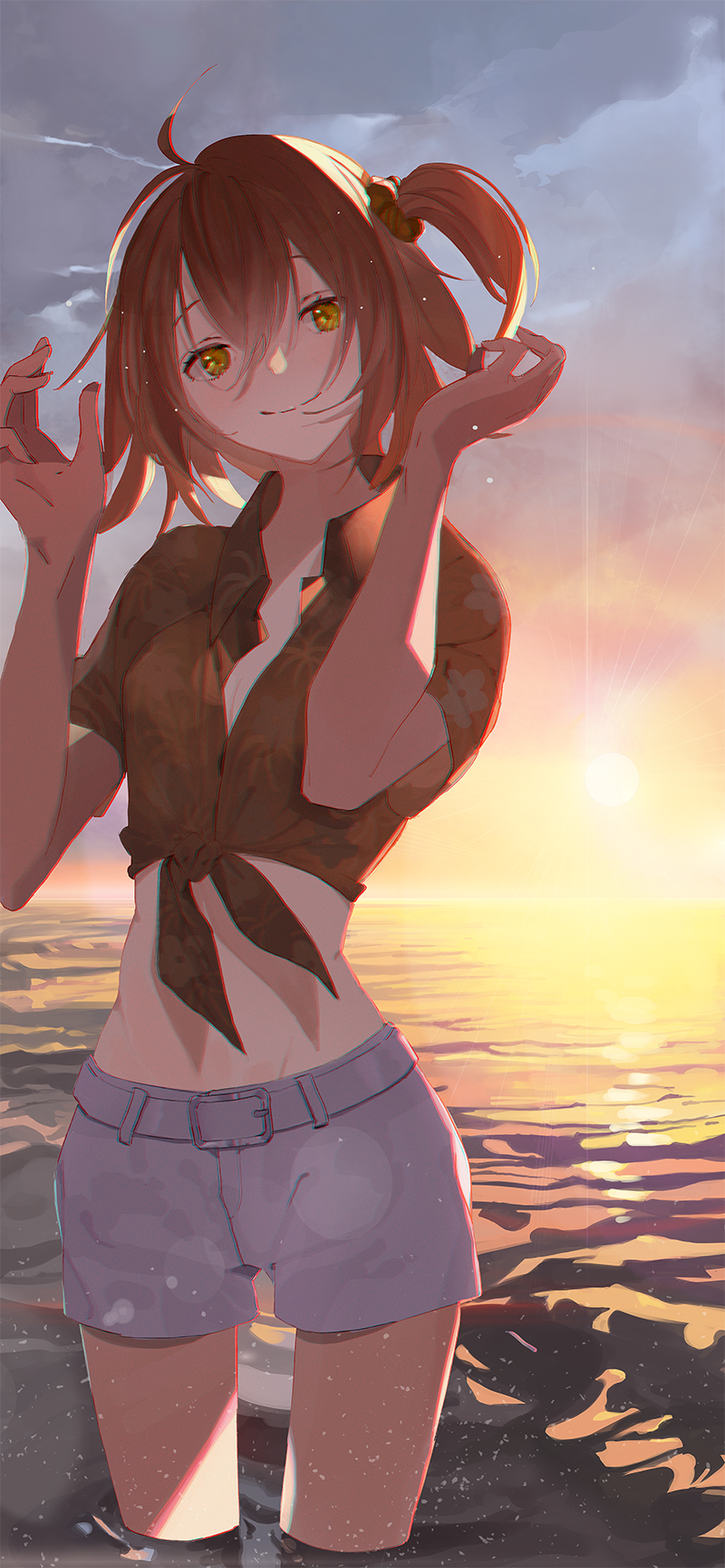 1girl ahoge akira_(akira_arika_d) backlighting bangs beach breasts closed_mouth fate/grand_order fate_(series) fujimaru_ritsuka_(female) hair_ornament hair_scrunchie hawaiian_shirt highres looking_at_viewer medium_breasts navel ocean one_side_up orange_eyes orange_hair orange_sky scrunchie shirt shorts sky smile solo sunset thighs tied_shirt tropical_summer wading white_shorts