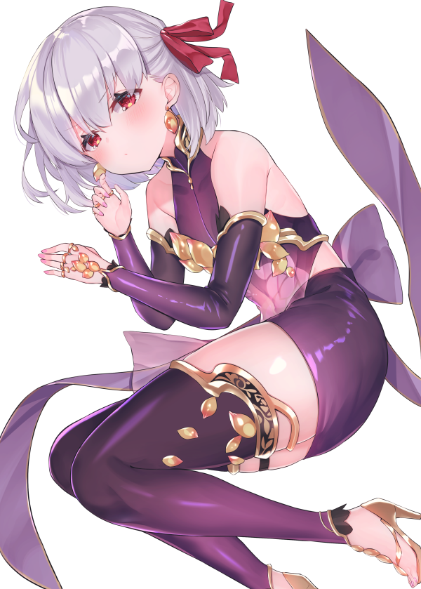 1girl armlet armor bangs bare_shoulders bikini_armor blush bracelet breasts collar detached_sleeves dress earrings fate/grand_order fate_(series) floral_print hair_ribbon jewelry kama_(fate/grand_order) legs looking_at_viewer lying metal_collar miniskirt on_side pelvic_curtain purple_dress purple_legwear purple_skirt purple_sleeves red_eyes ribbon ring sandals short_hair silver_hair simple_background skirt small_breasts solo suzuho_hotaru thigh-highs thighlet white_background